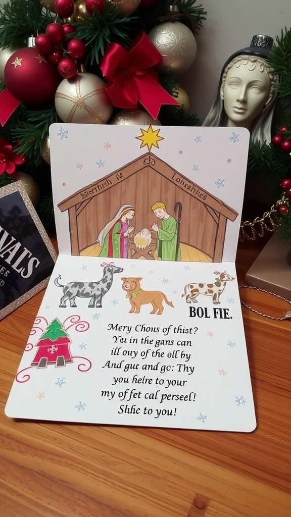 A handmade Christmas nativity card showcasing the birth of Jesus with vibrant colors and decorations.